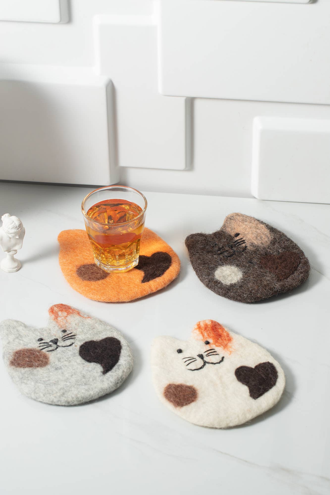 Sparkle Being - Handmade Felt Coffee Cup Mug Table Mat Coasters - Fatty Cat: White