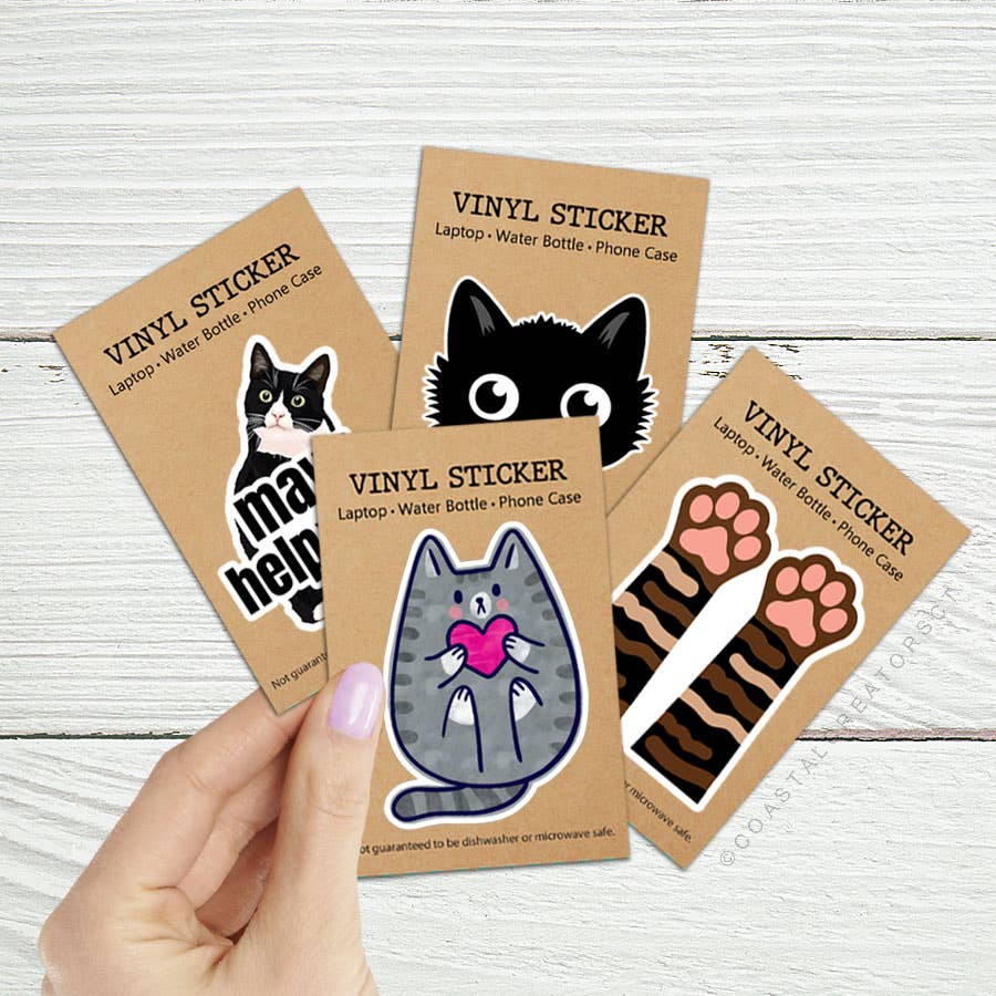 Coastal Creators of Connecticut - Watercolor Grey Cat with Heart Laptop Water Bottle Sticker: Packaged