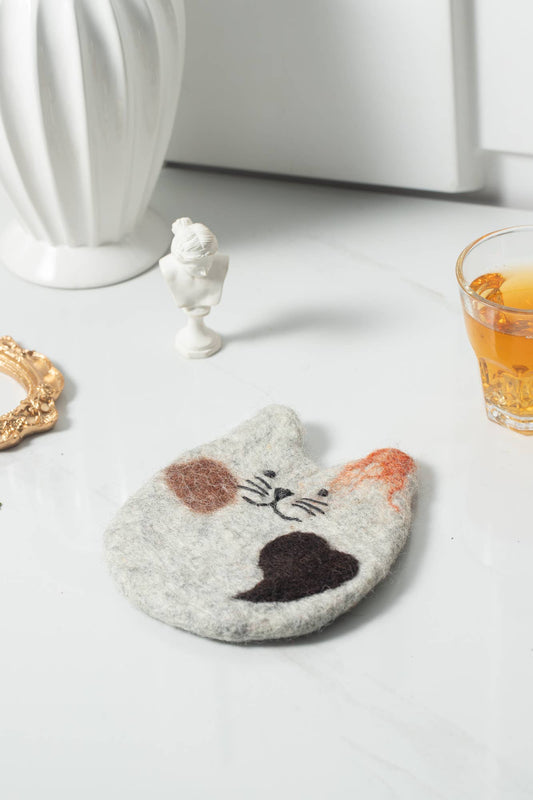 Sparkle Being - Handmade Felt Coffee Cup Mug Table Mat Coasters - Fatty Cat: Grey